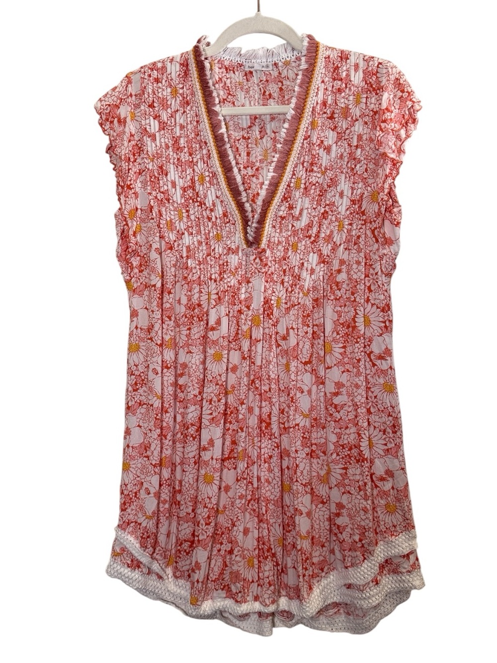 Poupette St. Barth Sasha Women’s Babydoll Coral  Ruffled Floral Mini Dress sz M